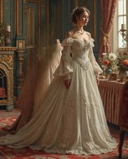 Vintage Victorian Wedding Dress Off Shoulder Long Sleeves Princess Bridal Gown