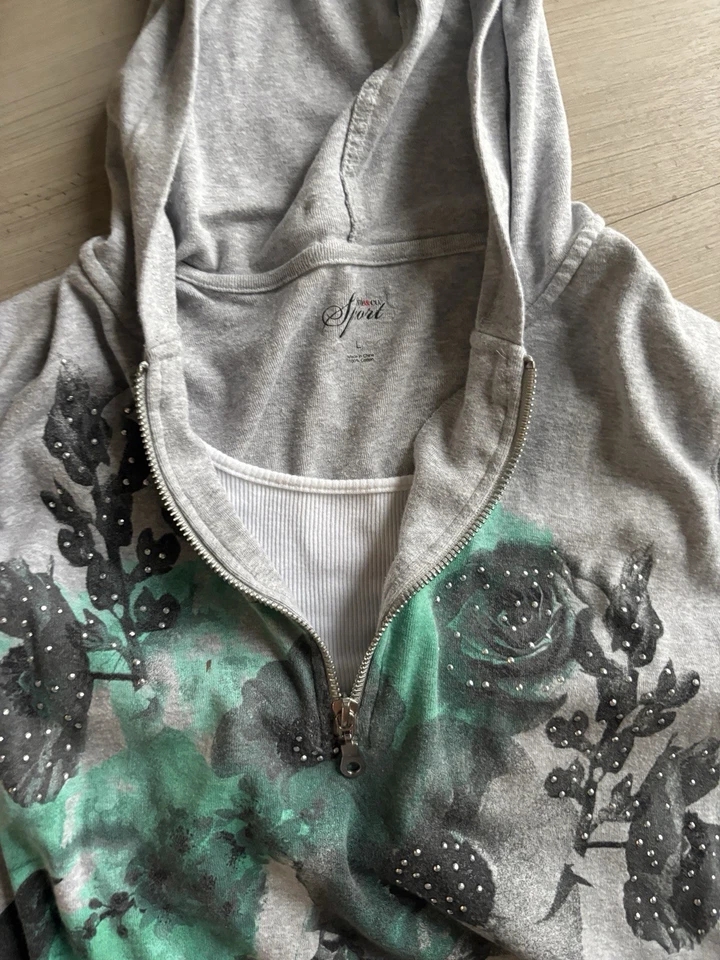 Sudadera con capucha gris verde azulado Y2K rosa brillante para mujer talla grande Foto 2 de 3