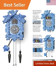 Cuckoo Clock with Night Mode, Hand Carved Decorations and Swinging Pendulum Blue