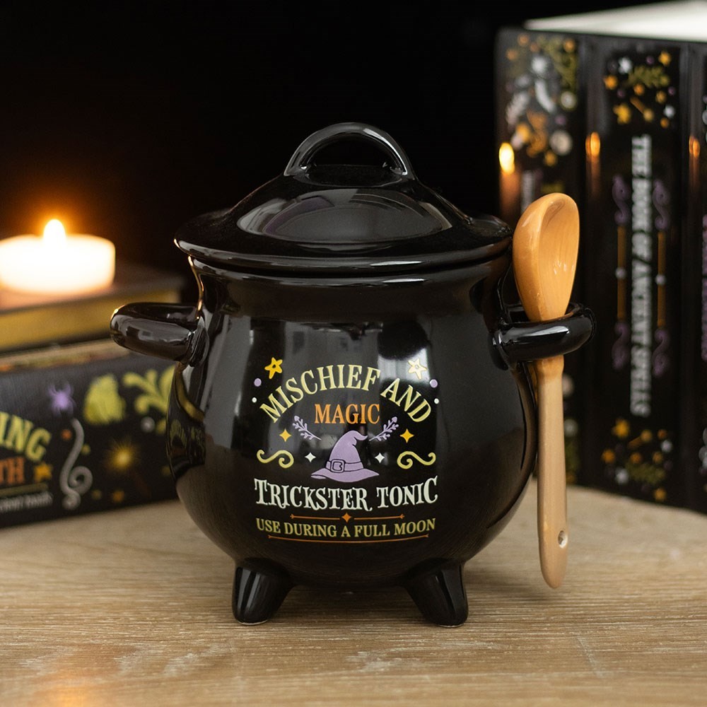 Witches Apothecary Mischief Magic Ceramic Cauldron Soup Bowl & Broomstick Spoon