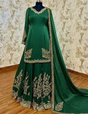 Latest Heavy Chinon Silk Green Top Palazzo With Dupatta For Women Function