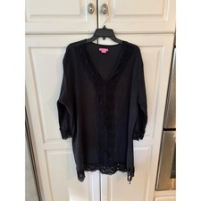 Isaac Mizrahi Black Lace Trim V Neck dress Shirt Womens XXL