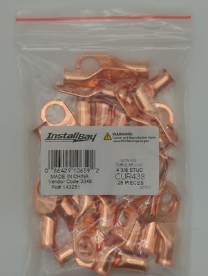 Install Bay CUR438 4 Gauge 3/8'' Stud Copper Non-Insulated Ring Terminals 25 Pk