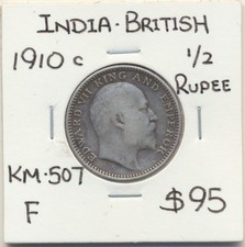 India: 1910 (c) King Edward VII Silver Half Rupee KM-507 