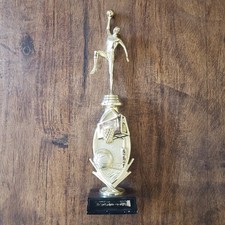 Vintage 1990s Basketball Trophy 3" x 14" Gold w/ Wooden Base No Name Plate