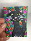 ACEO Original Painting Black Cat Folk Art Floral Feline Bright Colorful Kitty — photo 1