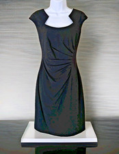 Calvin Klein Sheath Dress 8 Black Stretch Pleated Waist Cap Sleeve Zip Cocktail