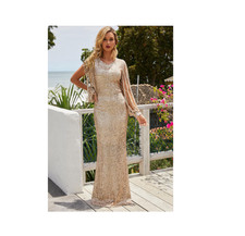 Sparkling Apricot Size XL Sequin Fringe Sleeve Wedding Gala Maxi Stretch Dress