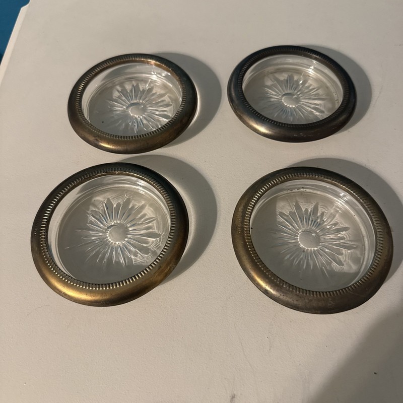 Set of 4 Vintage Silver and Cut Glass Coasters Sun Burst Snowflake Pattern