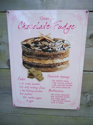 Großes Kuchen Blechschild Bild Plakette Schokolade Fudge Rezept Retro Shop Geschenk
