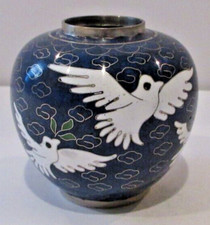 White Doves and Clouds Cloisonne Keepsake Pet Ash Urn - 2.5" tall NO LID