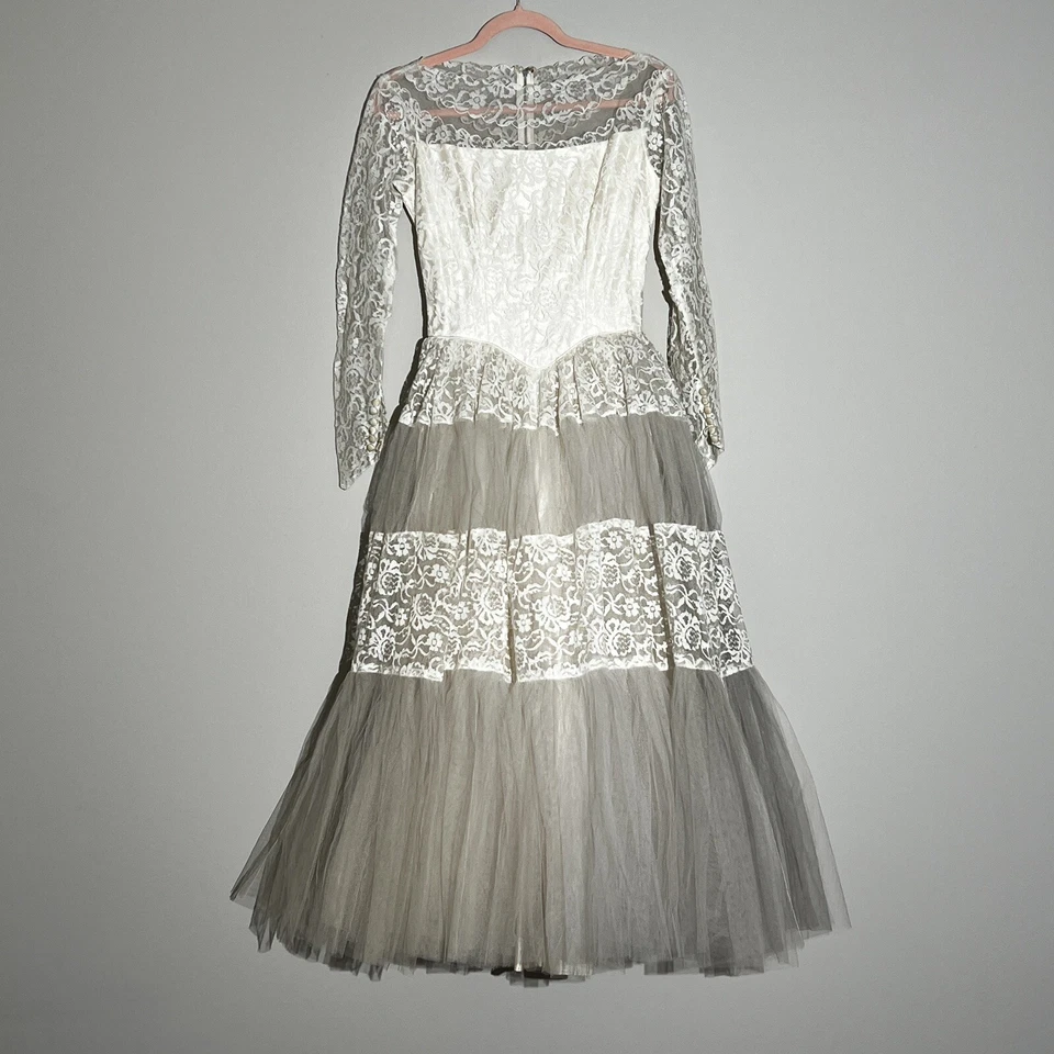 Vestido de novia vintage años 50 1960 MCM blanco tul + encaje LS longitud té XS Foto 3 de 4