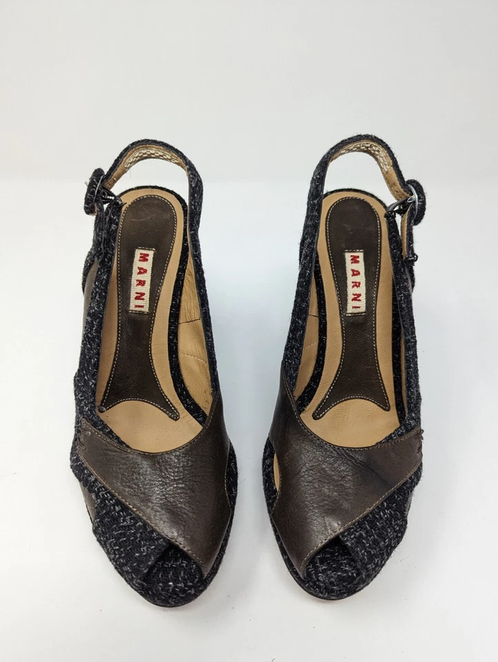 Zapatos de salón MARNI Slingback Peep Toe marrón azul tweed EE. UU. 6,5 IT 36,5 tacones Foto 3 de 4