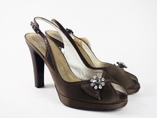Stuart Weitzman Brown Satin Peep Toe Slingback Heels w/ Jewel Detail, Size 7 US