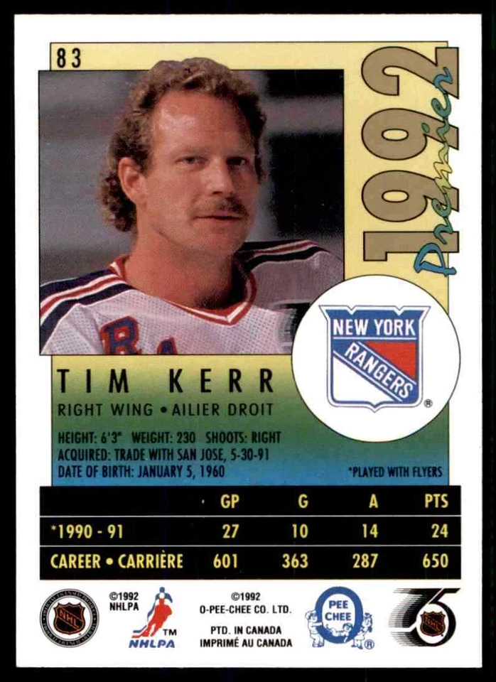 1991-92 O-Pee-Chee Premier Tim Kerr #83 - Image 2 of 2