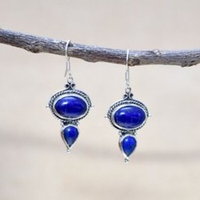 925-Sterling Silver Natural Gemstone Lapis Lazuli Handmade Women Earrings Gift