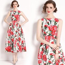 Women Floral Printed Crew Neck Sleeveless Casual Party Midi Vest Evening Dress