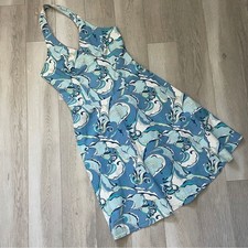Vintage Y2K Dress halter abstract swirl midi womens Blue (size 10) funky fitted