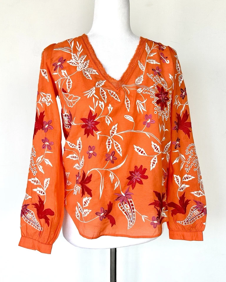 NWT Sundance Catalog LS Embroidered Blouse in Tangerine Size PXXS Retails $158