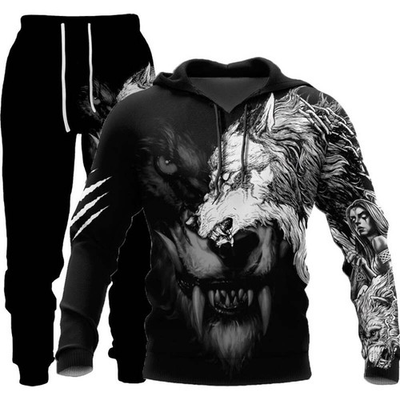 #ad 3D Wolf Print Tracksuit Men Sportswear Hooded Sweatsuit Two Piece Outdoors Runni $34.86