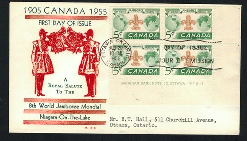 Canada #356, 1955 5¢ Scouting LR Plate block, H & E thermal ink cachet FDC
