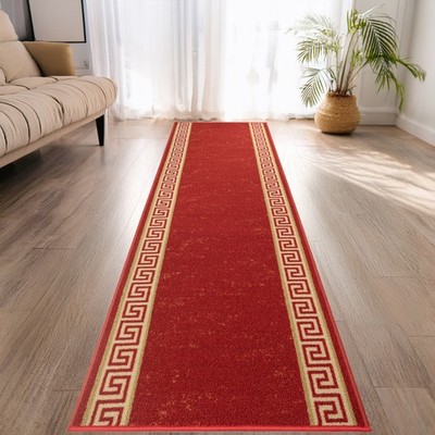 Custom Size Low Profile Loop Pile Meander Greek Red Desing Runner Rug Carpet