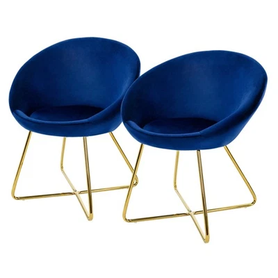 Lot 2 Chaises de salle à manger en velours dossier rond bleu pieds en métal doré - Photo 1/4