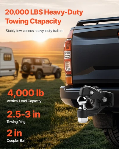 Heavy-Duty Pintle Hitch with 2" Hitch Ball - Fits 2.5" to 3" Lunette Ring, 20,00
