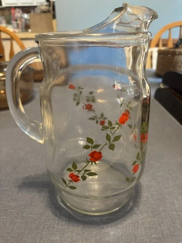 Vintage Anchor Hocking Clear Glass Pitcher Red Roses Green Vines 10”