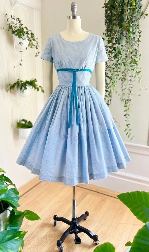 Vintage 1950s Dress | 50s Floral Flocked Chiffon Blue Fit and Flare Tea Party Dr - Image 2 of 4