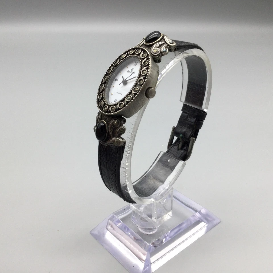 Reloj Elgin Mujer Vintage 22mm Marcasita Tono Plata Cuero Negro Batería Nueva Foto 4 de 4