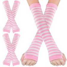 2 Pairs Long Arm Warmers Knit Women Fingerless Gloves Winter Stripe Punk Goth...