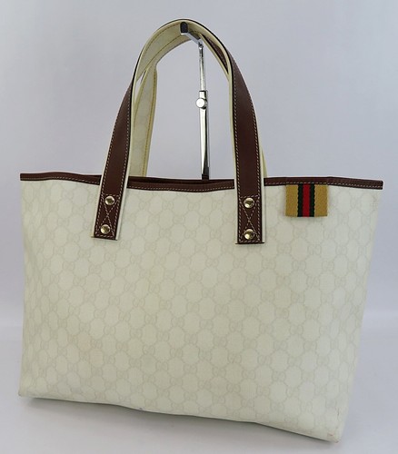 Authentic GUCCI Off-White GG PVC Canvas Supreme Sherry Tote Bag Purse #63332