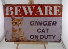 Beware Ginger Cat On Duty Retro Metal Tin Sign 12 x 8 Cat Decor Imperfection
