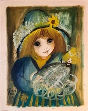 ROGER ETIENNE Original Girl W/Doll Painting Heavy Paper Mixed Media 19x24 1969