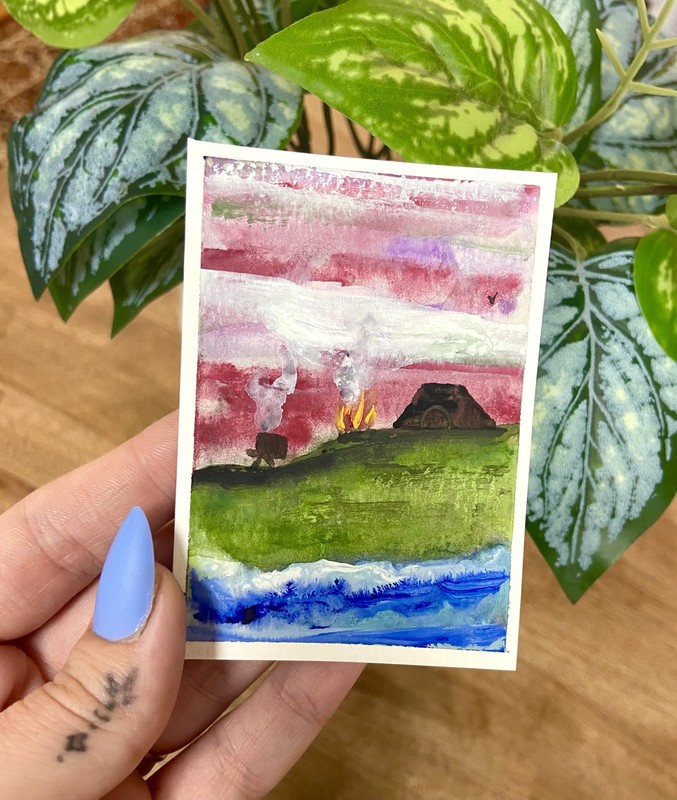 ACEO Original Art Card Miniature camping ocean bird landscape Andrea Baker