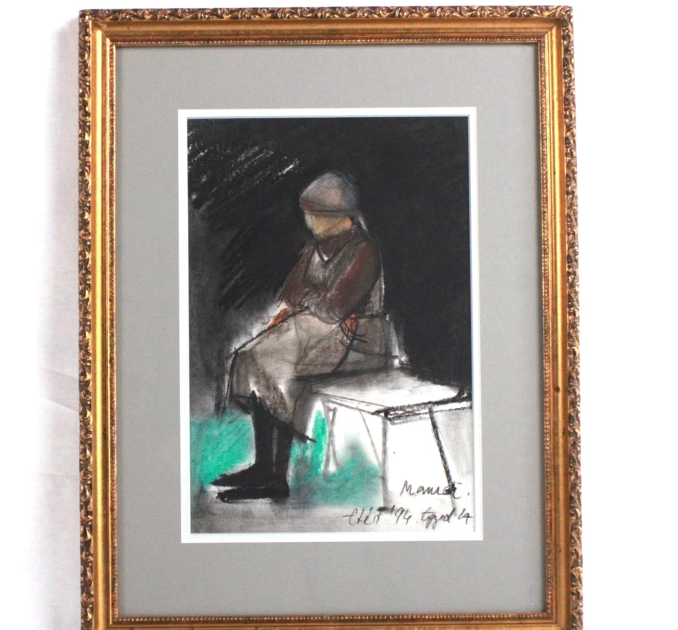 Dibujo de carbón vintage dama sentada en banco firmado ilegible Foto 2 de 4