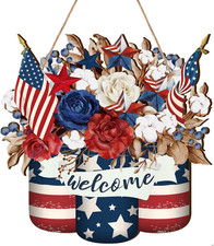 4Th of July Decoration Patriotic Wooden Door Sign American Flag Red White Blue W