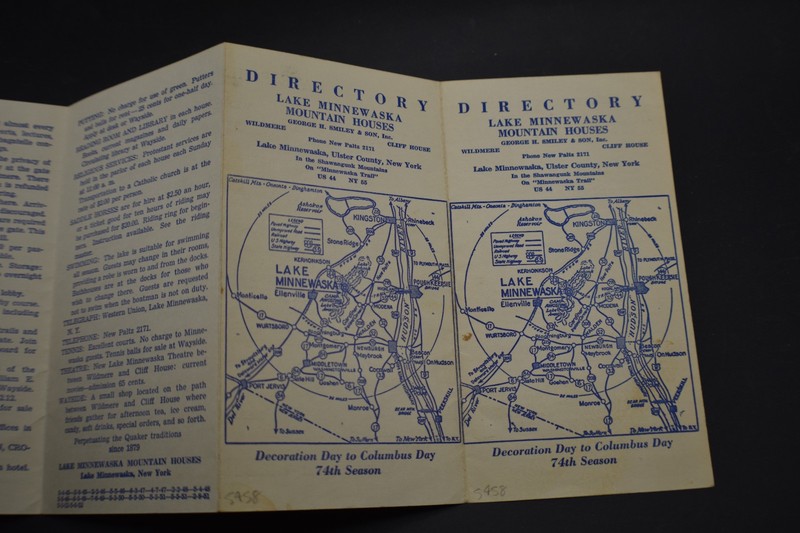 Lake Minnewaska NY Mountain Houses 1952 Guest Services Directory Brochure & Map