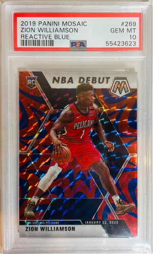 2019-20 Panini Mosaic #269 Zion Williamson NBA Debut Reactive Blue Prizm PSA 10
