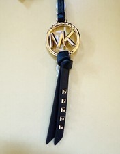 Michael Kors MK Logo Gold Charm Coffee Java Dark Brown Leather Strap Handbag Fob