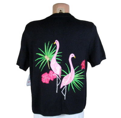 NWT DESIGNERS STUDIOS ORIGINALS M Black Sweater Top Flamingos + Tropical Flowers