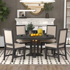 Farmhouse 5pc Dining Set, Extendable Round Table w/4 Upholstered Chairs, Black