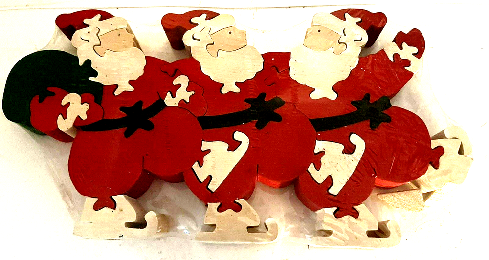 Vintage Dept 56 Wooden Double Sided 3 Skating Santas Puzzle Still In Cellophane