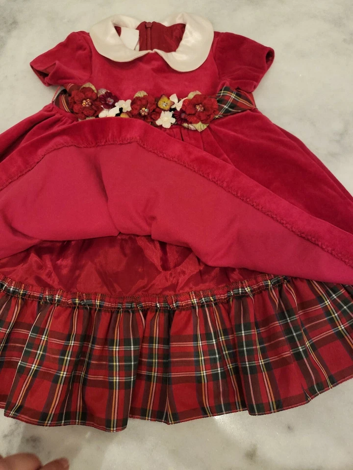 Plum Pudding RED Velvet Portrait Holiday Dress 12 MO Boutique PLAID DETAIL FLOWE - Image 2 of 4