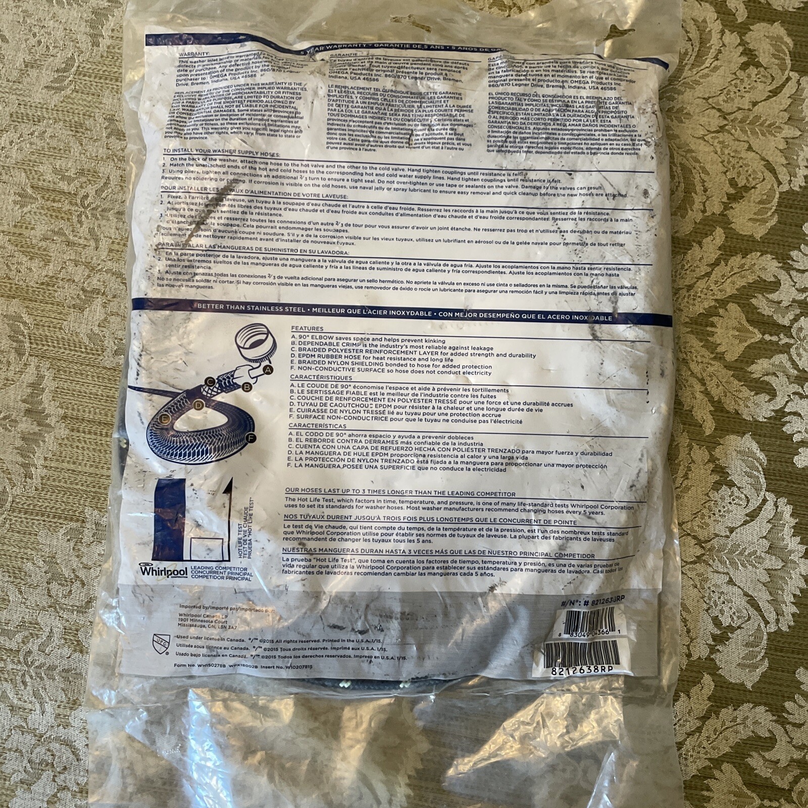 Whirlpool Maytag Braided Washing Machine Hoses 6 ft 8212638RP