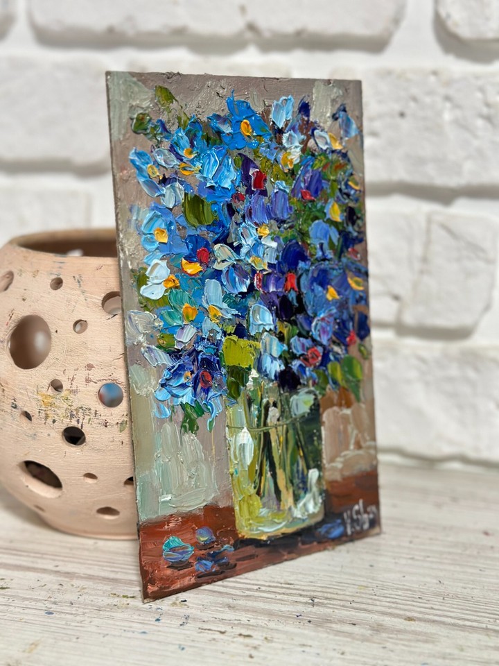 Blooming Flowers Blue Wildflower Painting Original Floral Oil Impasto ...