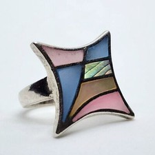 Mosaic Geometric Style Mother of Pearl/ Abalone Inlay 925 Sterling Ring Size 5.5