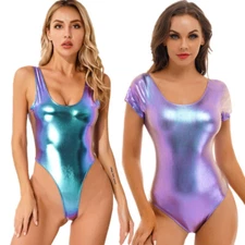Sexy Womans One Piece Monokini Swimwear High Cut Leotard Shiny Metallic Swimsuit