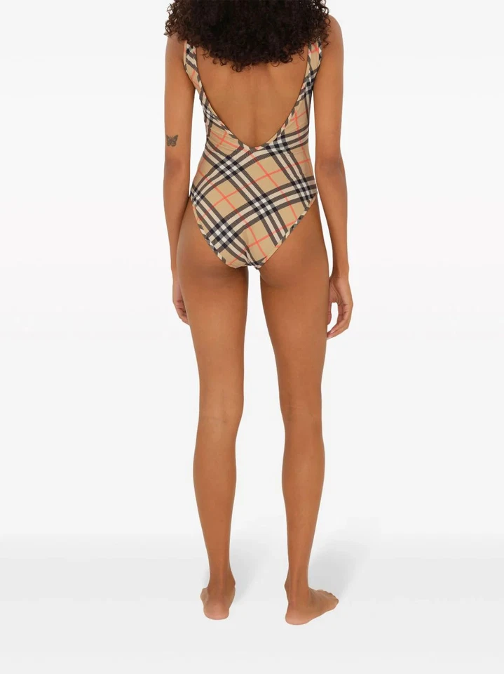 Burberry Beige Check-Pattern Swimsuit: Square Neck, Scoop Back, Slip-On Style - Image 4 of 4